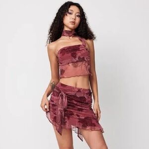 New Chiffon Pink Floral Mini Skirt